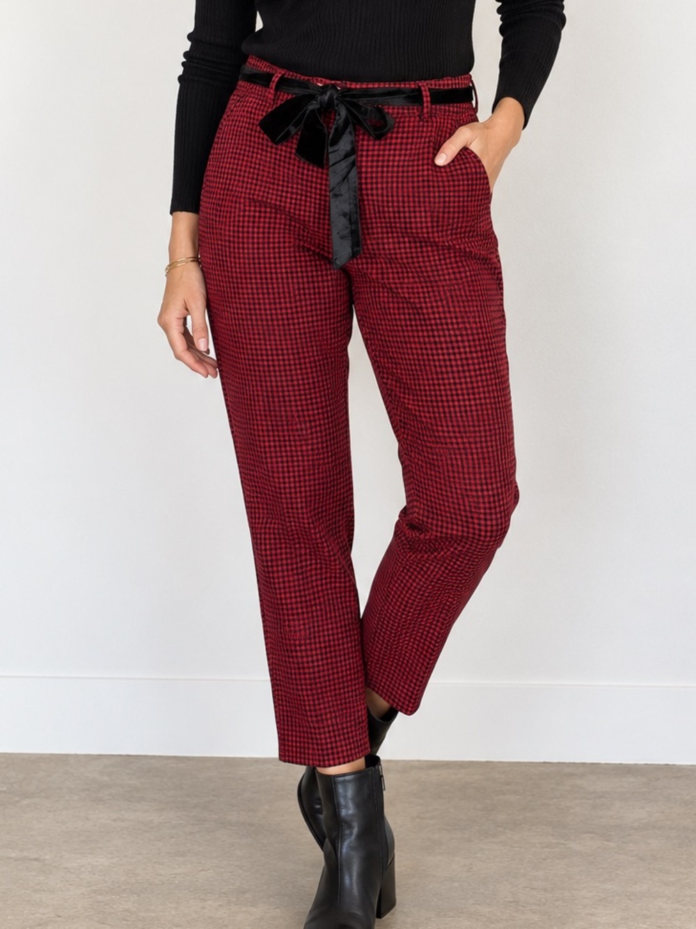 Jules & Leopold Gingham Plaid Ankle Pants Velvet Tie Belt Red Black Size XL